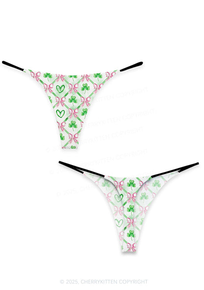 Shamrock Pink Bows St Patricks Y2K Print Bikini String Thong Cherrykitten