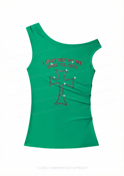 Rhinestone Get On Knees For Jesus Y2K Off Shoulder Tank Top Cherrykitten