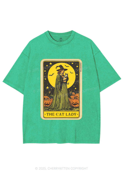 Halloween The Witch Cat Lady Y2K Shirts Washed Tee Cherrykitten