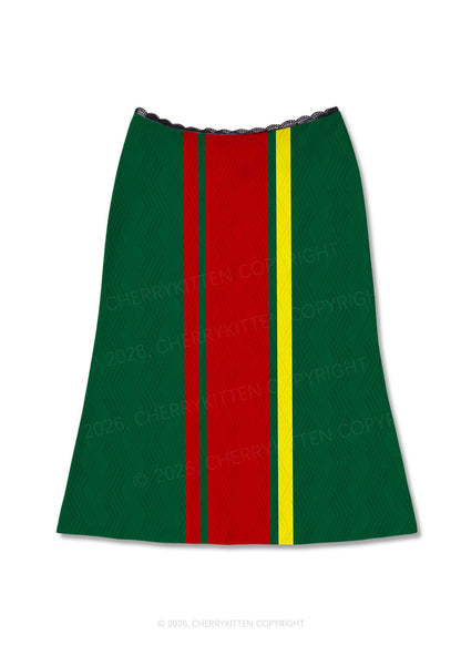 Dark Green Red Yellow Vertical Stripe Y2K Print Midi Skirt Cherrykitten