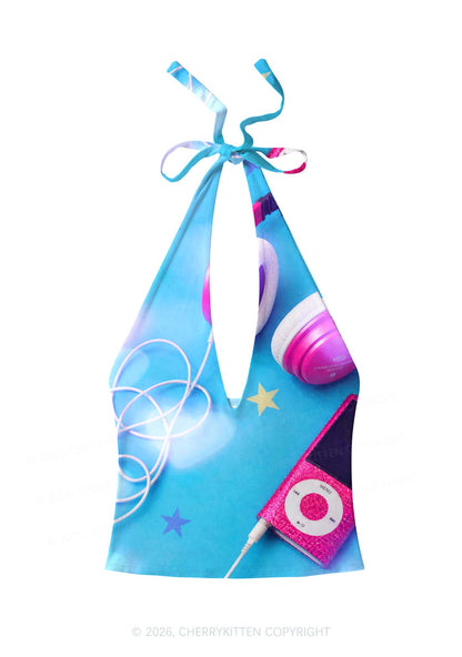 Retro Pink Headphone Y2K Print Halter Deep V Neck Cami Cherrykitten
