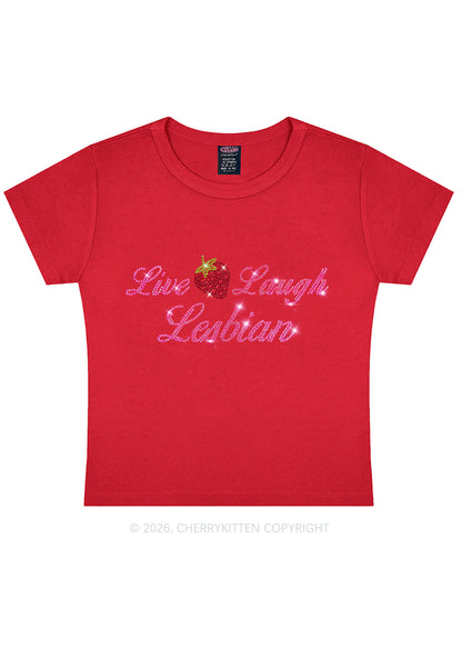 Rhinestone Live Laugh Lesbian Strawberry Pride Y2K Baby Tee Cherrykitten