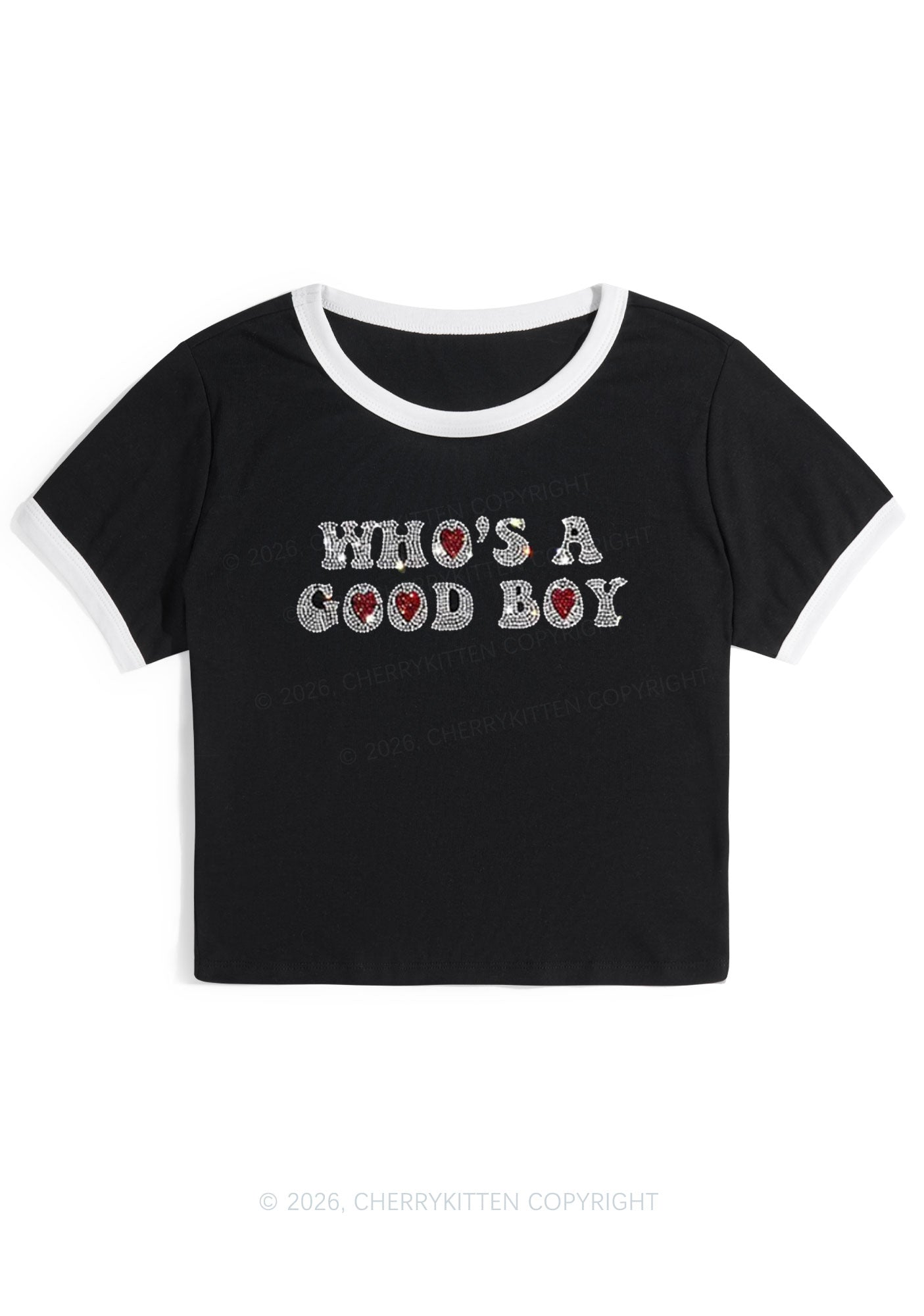Rhinestone Whos A Good Boy Y2K Ringer Tee Cherrykitten