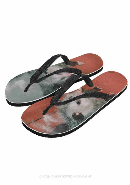 Smoking Badass Possum Y2K Print Flip Flops Cherrykitten
