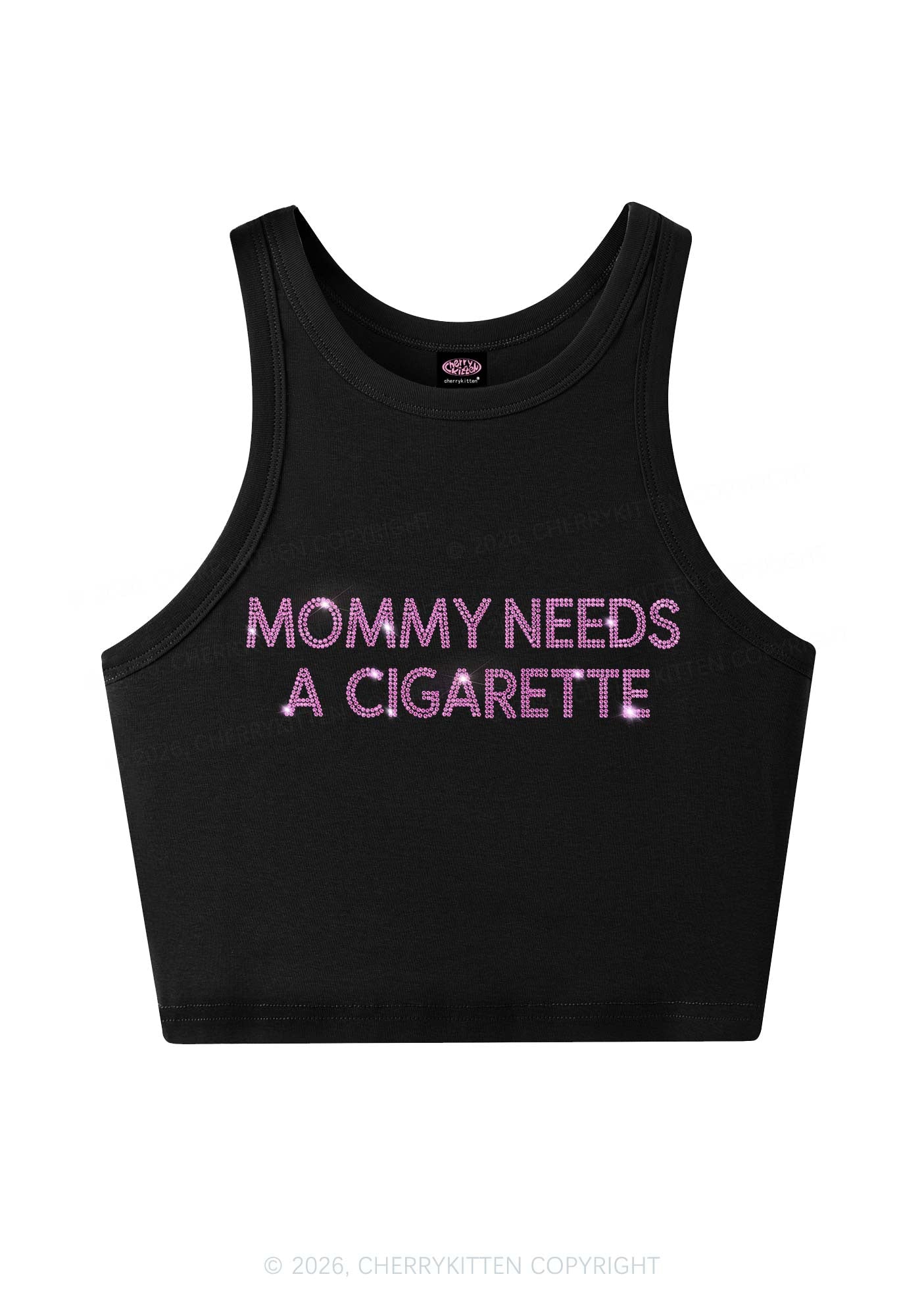 Rhinestone Mommy Needs Cigarette Y2K Crop Tank Top Cherrykitten