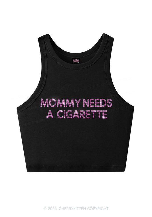 Rhinestone Mommy Needs Cigarette Y2K Crop Tank Top Cherrykitten