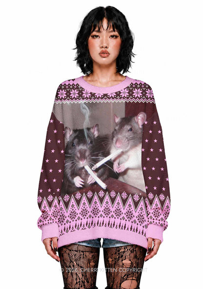Brown Smoking Rats Y2K Christmas Knit Sweatshirt Cherrykitten