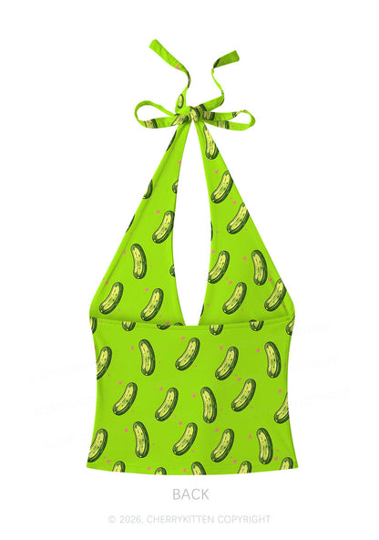 Green Pickle Princess Y2K Print Halter Deep V Neck Cami Cherrykitten