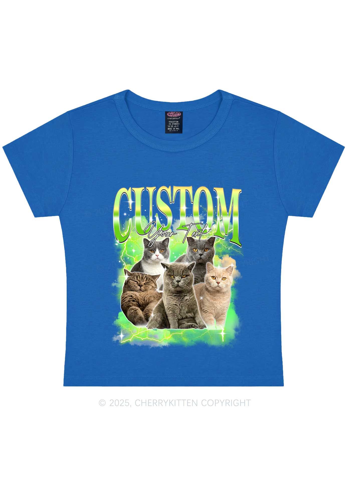 Custom Neon Lightning Cat Photo Y2K Baby Tee Cherrykitten