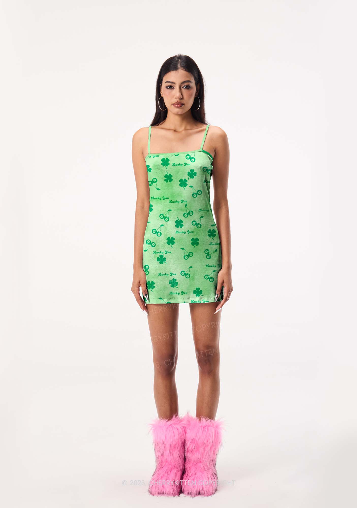 Lucky You Four Leaf Clover St Patricks Y2K Print Slip Dress Cherrykitten