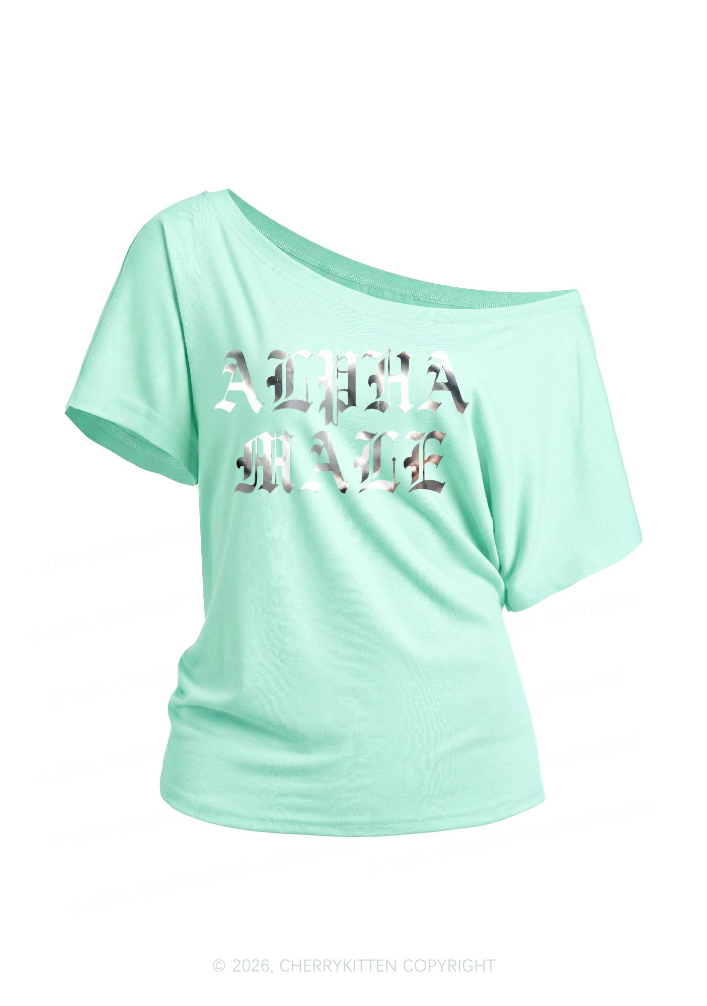 Alpha Male Silver Foil Printed Y2K Off Shoulder Tee Cherrykitten