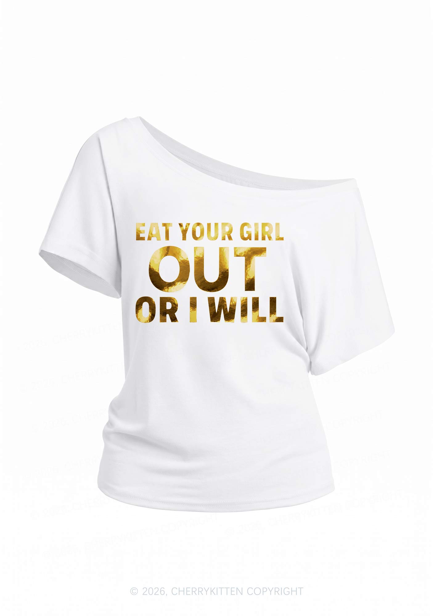 Eat Your Girl Out Silver Foil Printed Y2K Off Shoulder Tee Cherrykitten