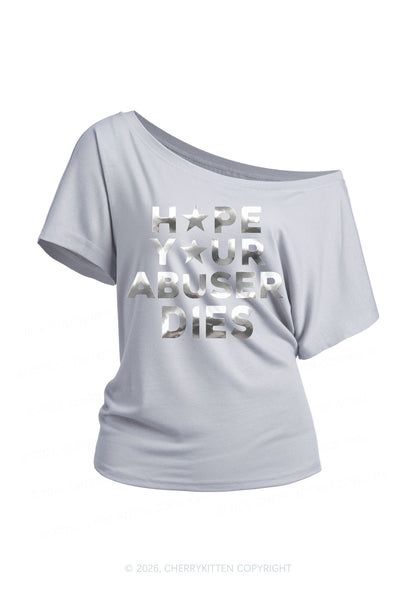 Abuser Dies Silver Foil Printed Y2K Off Shoulder Tee Cherrykitten