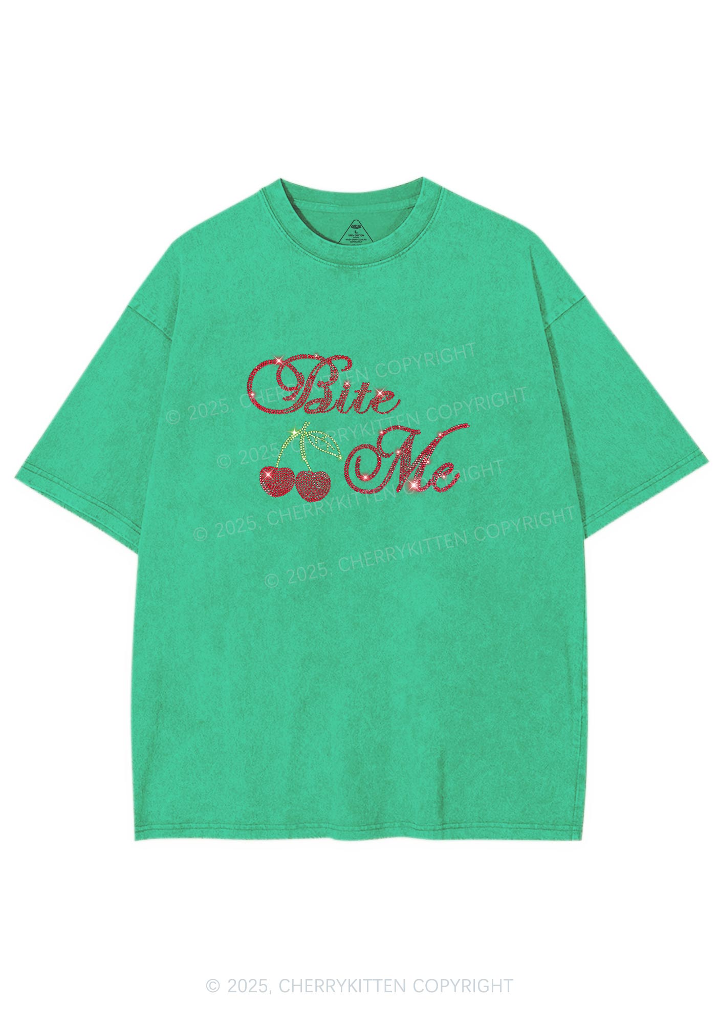 Rhinestone Red Cherry Bite Me Y2K Shirts Washed Tee Cherrykitten