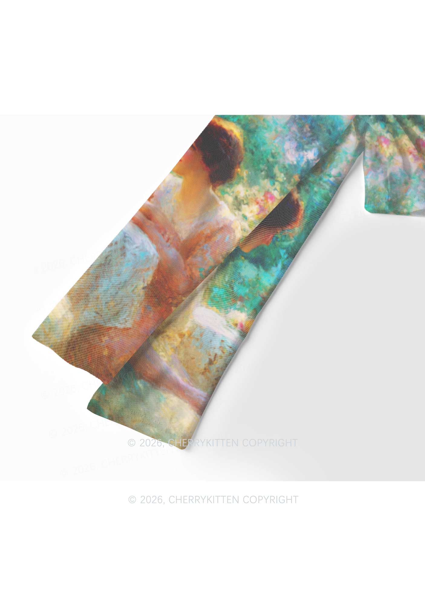 Garden Tea Scene Art Pride Y2K Mesh Long Sleeve Crop Top Cherrykitten