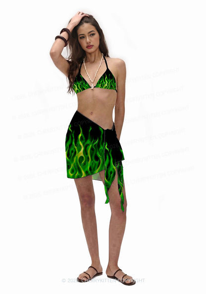 Neon Green Flame Y2K Print Bikini Set Cherrykitten