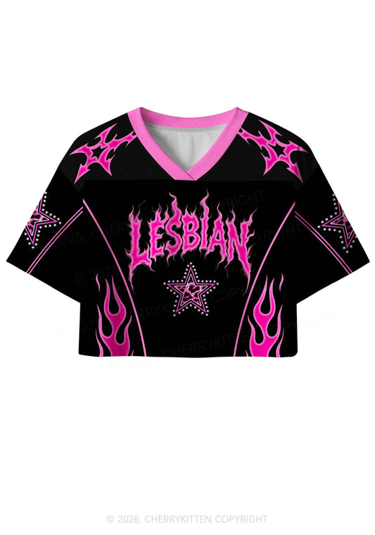 Hot Pink Flame Lesbian Pride Y2K Crop Sport Jersey Shirts Cherrykitten