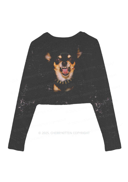 Growling Puppy Y2K Mesh Long Sleeve Crop Top Cherrykitten