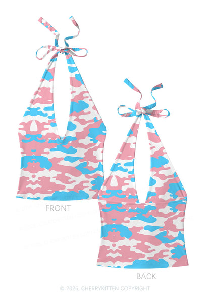 Trans Camouflage Pride Y2K Print Halter Deep V Neck Cami Cherrykitten