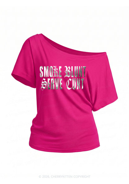 Smoke Blunt Silver Foil Printed Y2K Off Shoulder Tee Cherrykitten