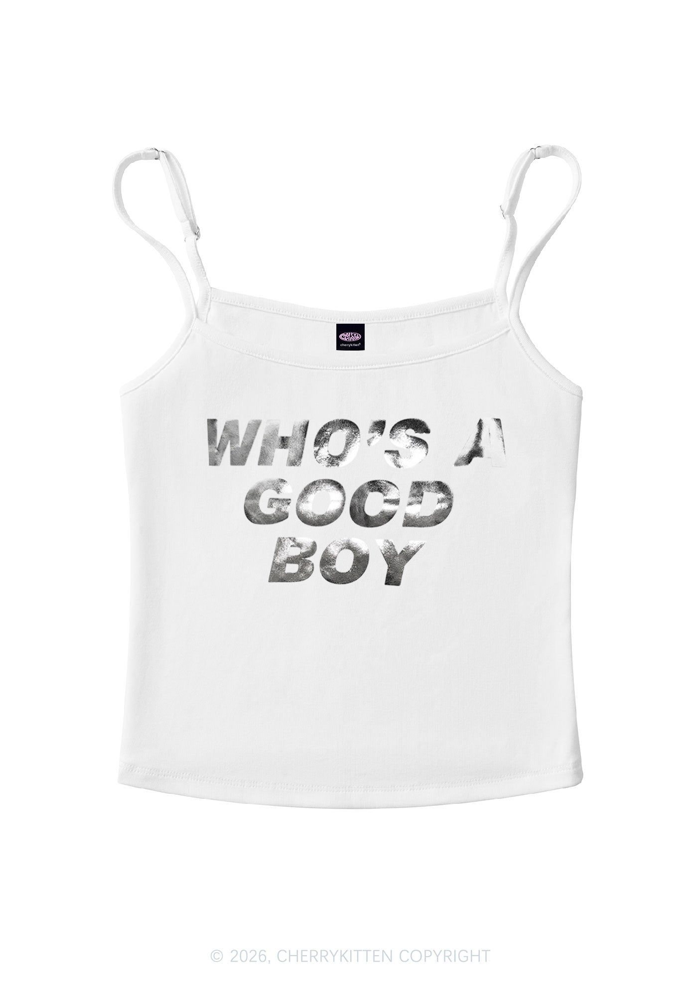 Whos A Good Boy Silver Foil Printed Y2K Spaghetti Strap Cami Cherrykitten