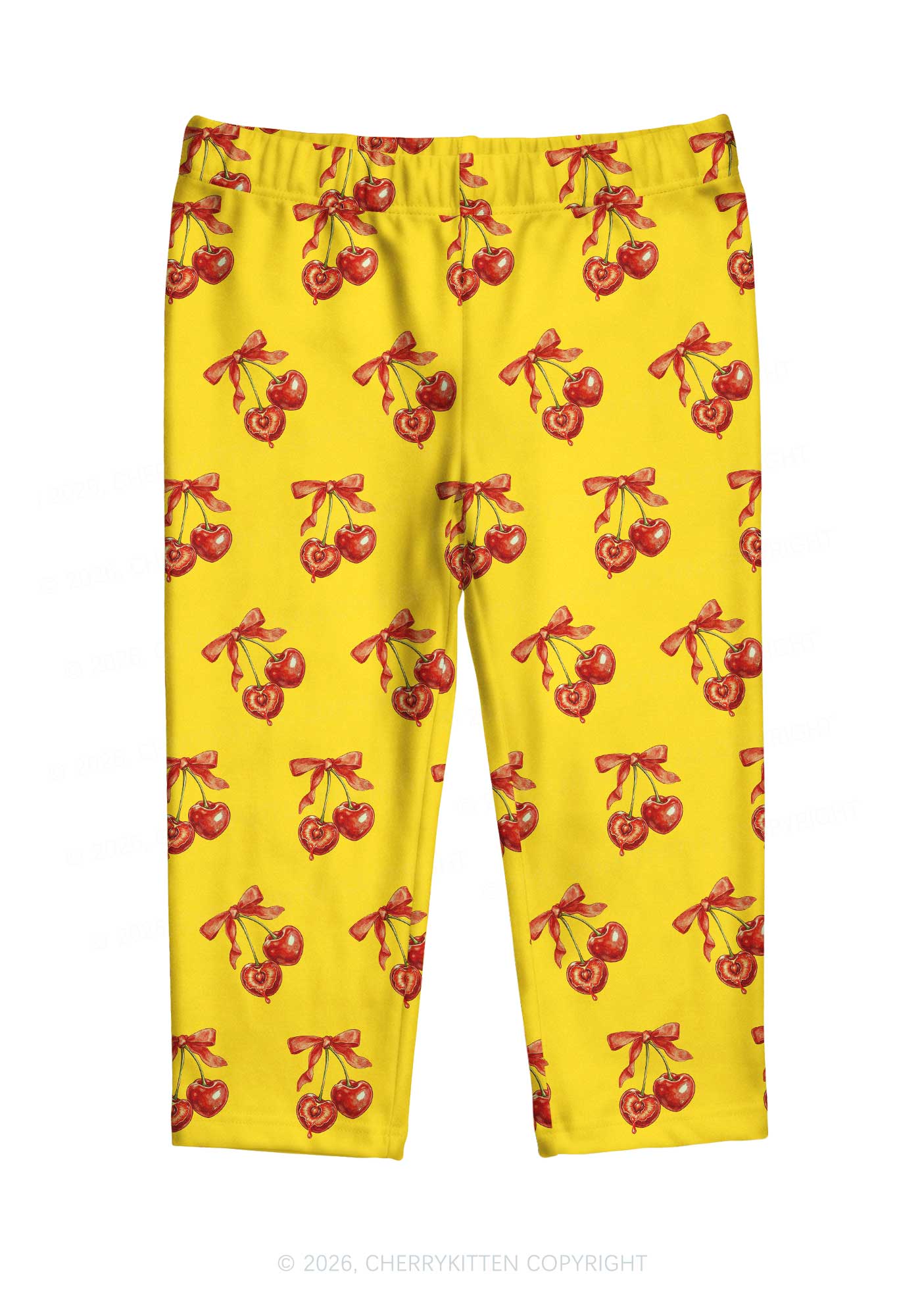 Red Cherry On Yellow Y2K Print Capri Pants Cherrykitten