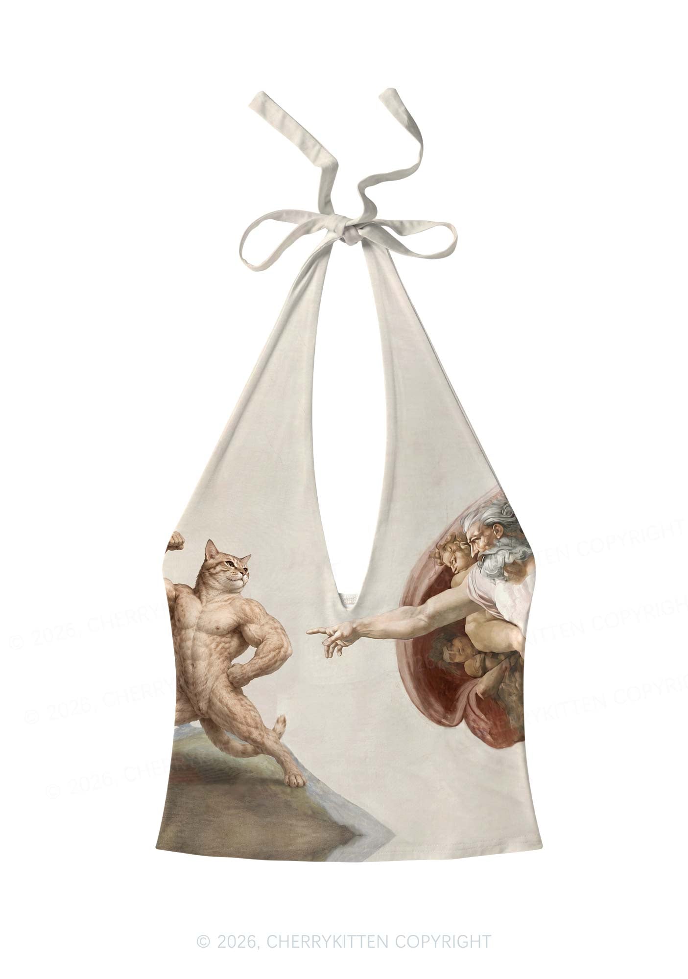 Gym Cat God Touch Y2K Print Halter Deep V Neck Cami Cherrykitten