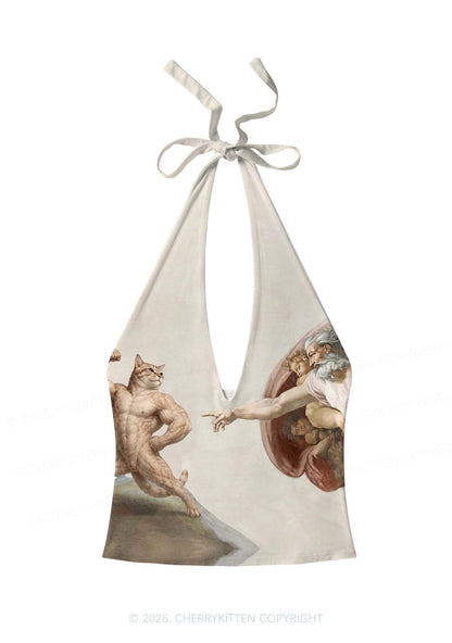 Gym Cat God Touch Y2K Print Halter Deep V Neck Cami Cherrykitten