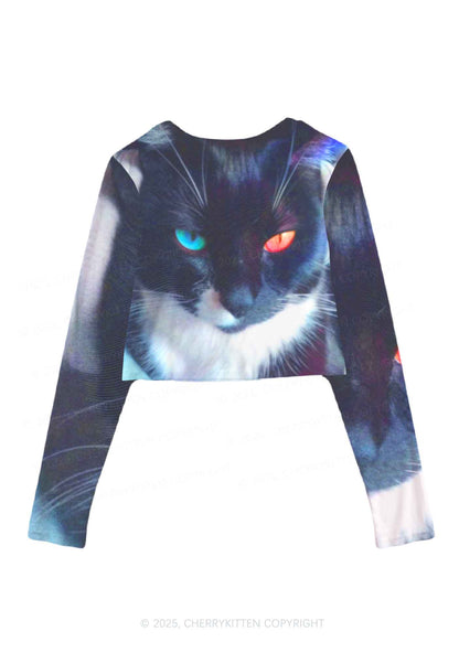 Odd Eyed Cat Y2K Mesh Long Sleeve Crop Top Cherrykitten