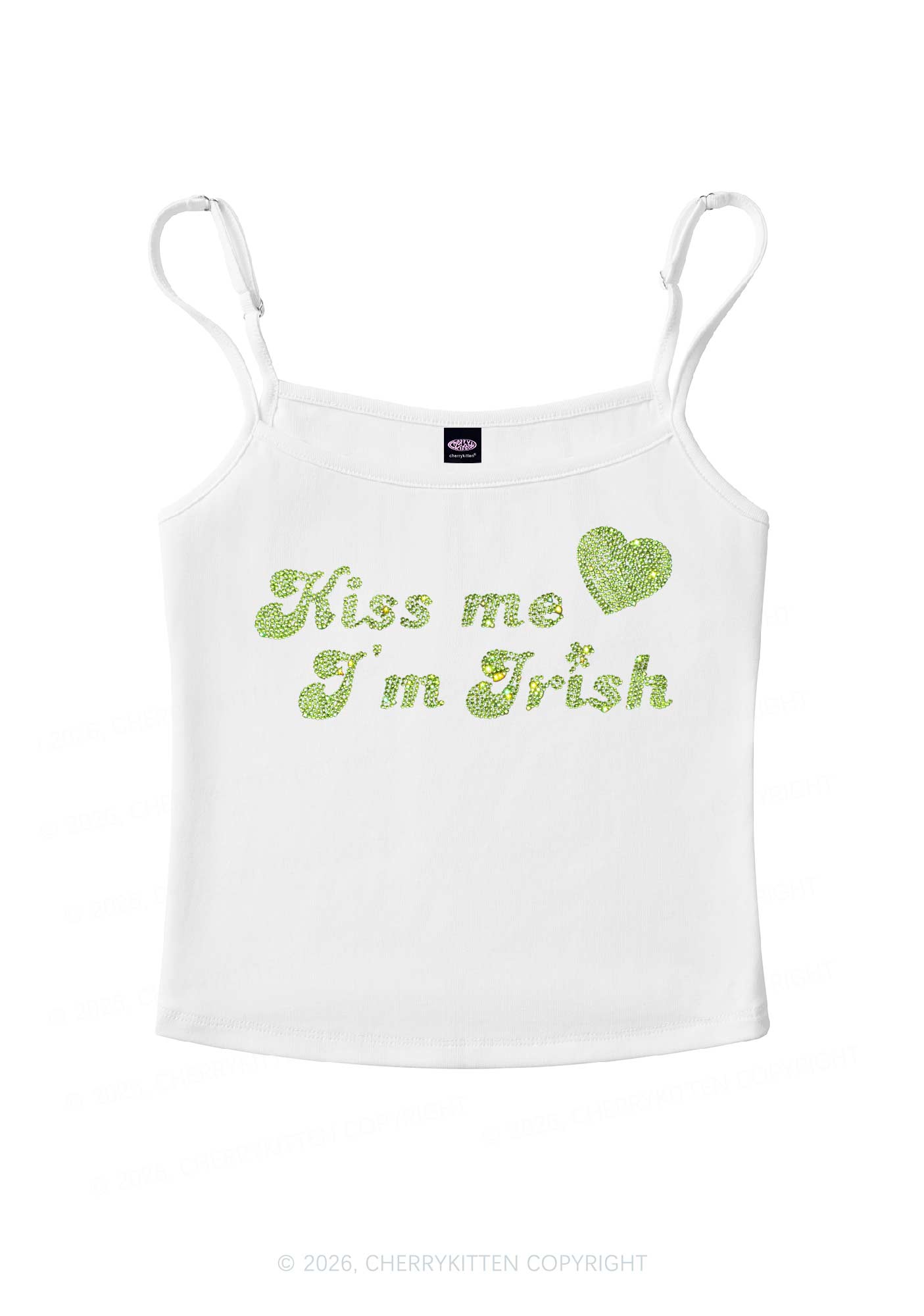 Rhinestone Kiss Me St Patricks Y2K Spaghetti Strap Cami Cherrykitten