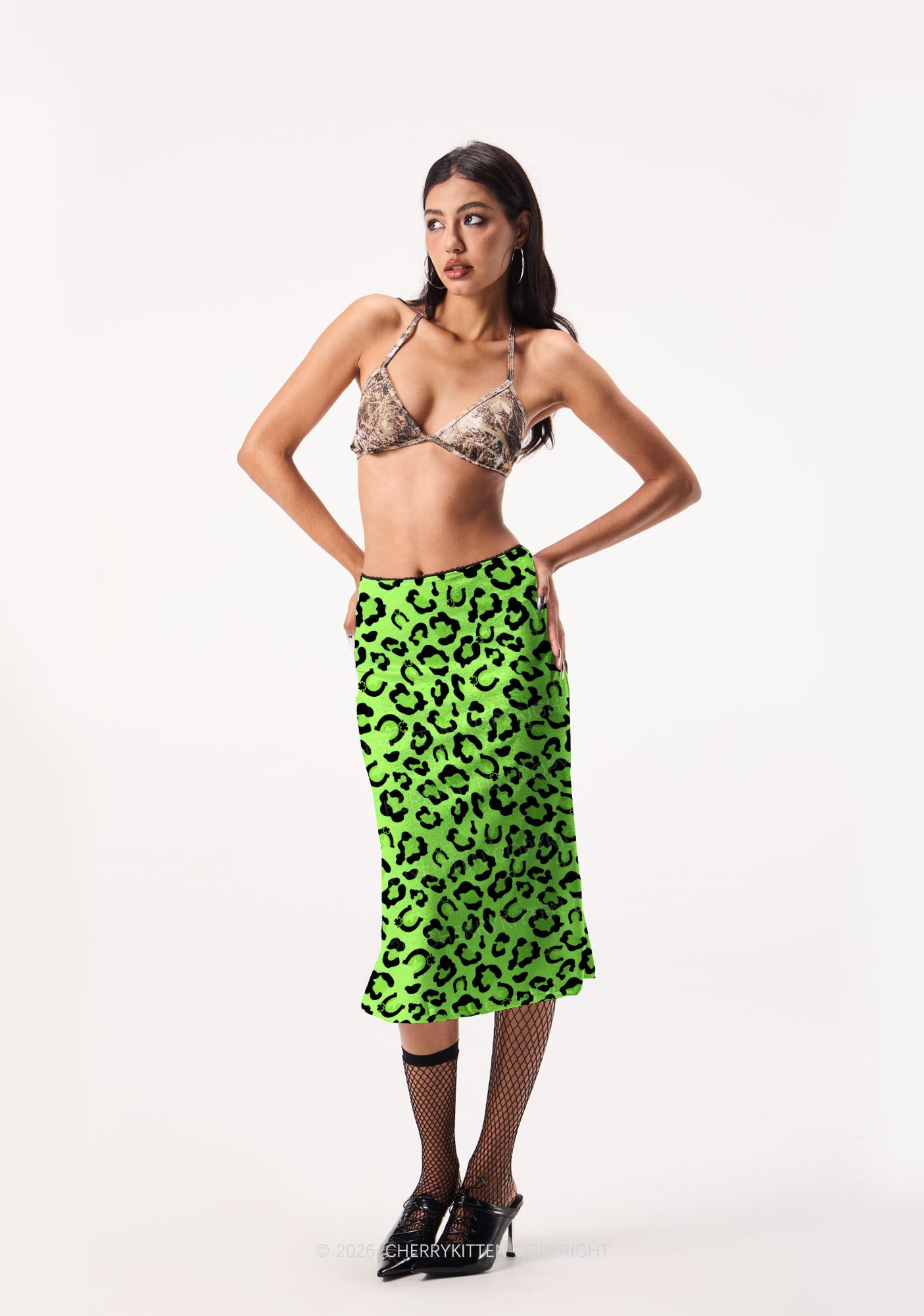 Fluorescent Green Leopard St Patricks Y2K Print Midi Skirt Cherrykitten