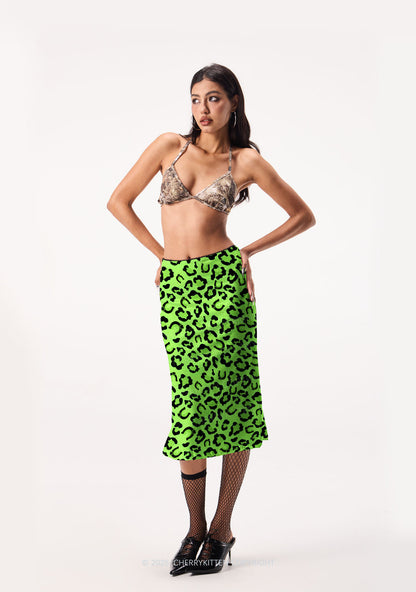 Fluorescent Green Leopard St Patricks Y2K Print Midi Skirt Cherrykitten