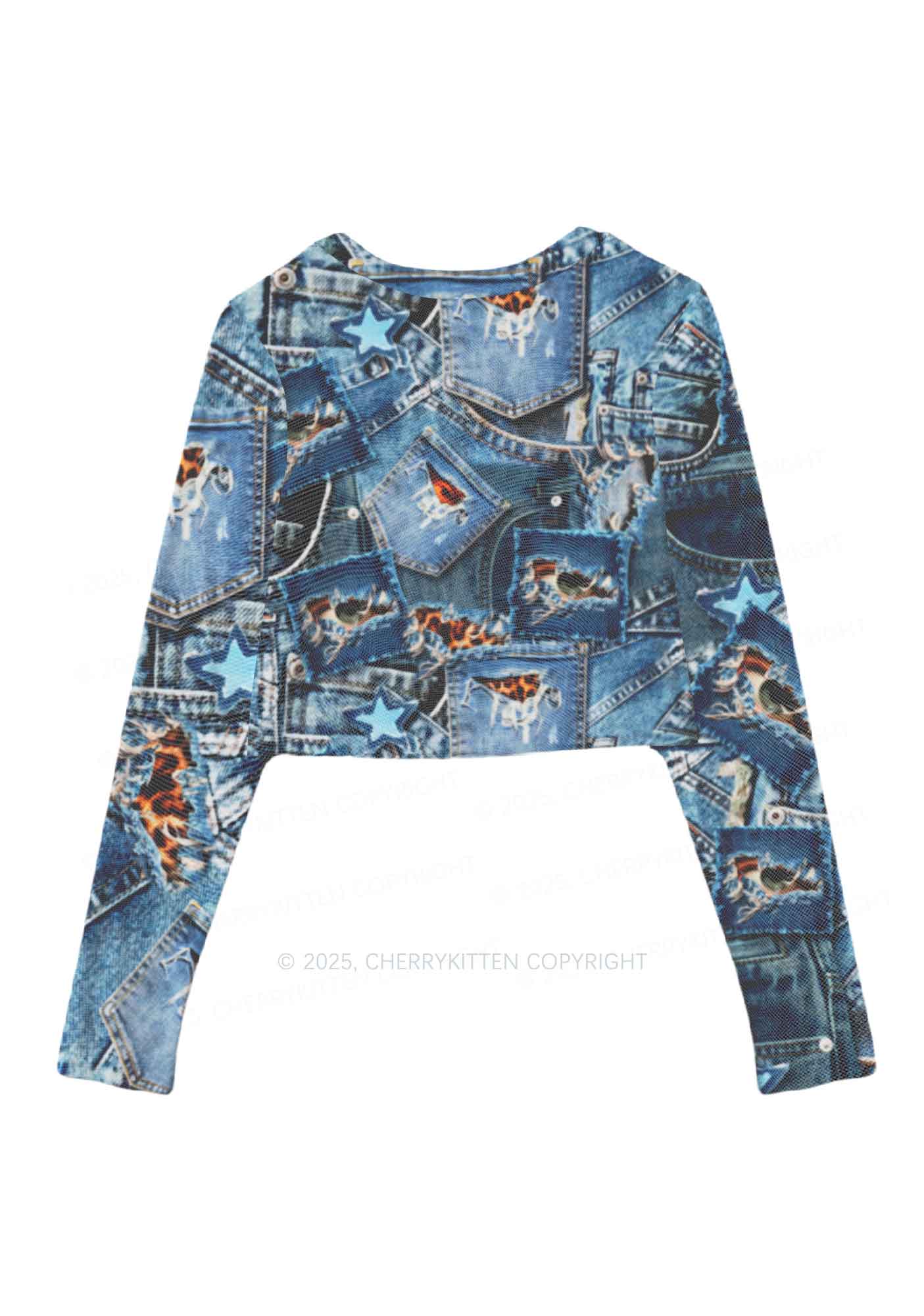 Denim Patchwork Y2K Mesh Long Sleeve Crop Top Cherrykitten