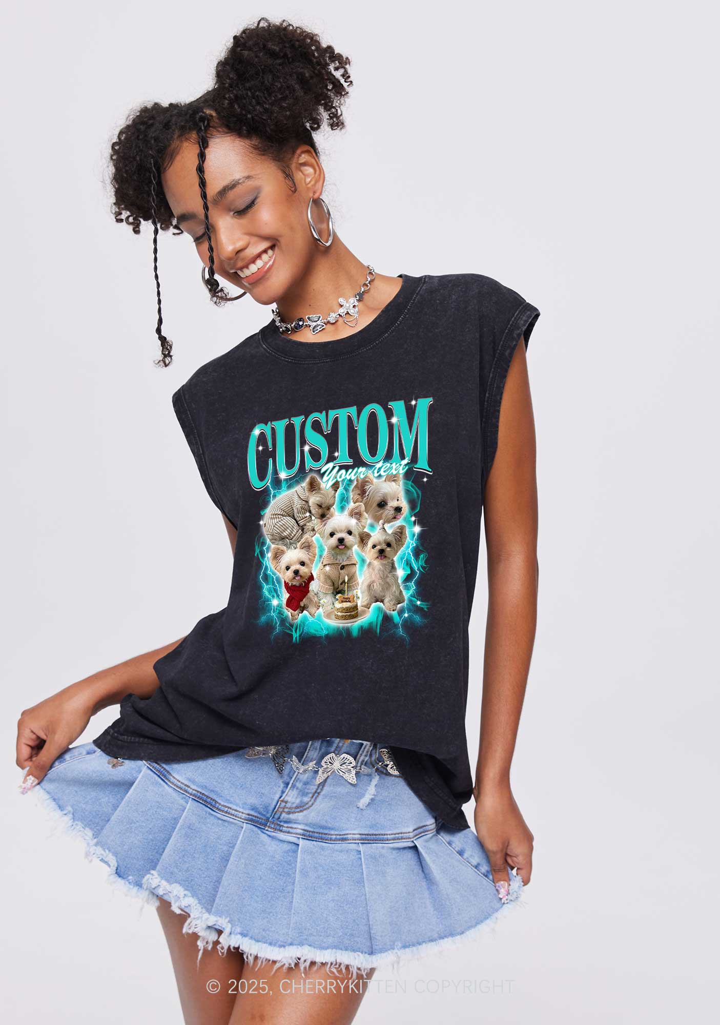 Custom Sparkle Dog Photo Y2K Washed Muscle Tank Cherrykitten