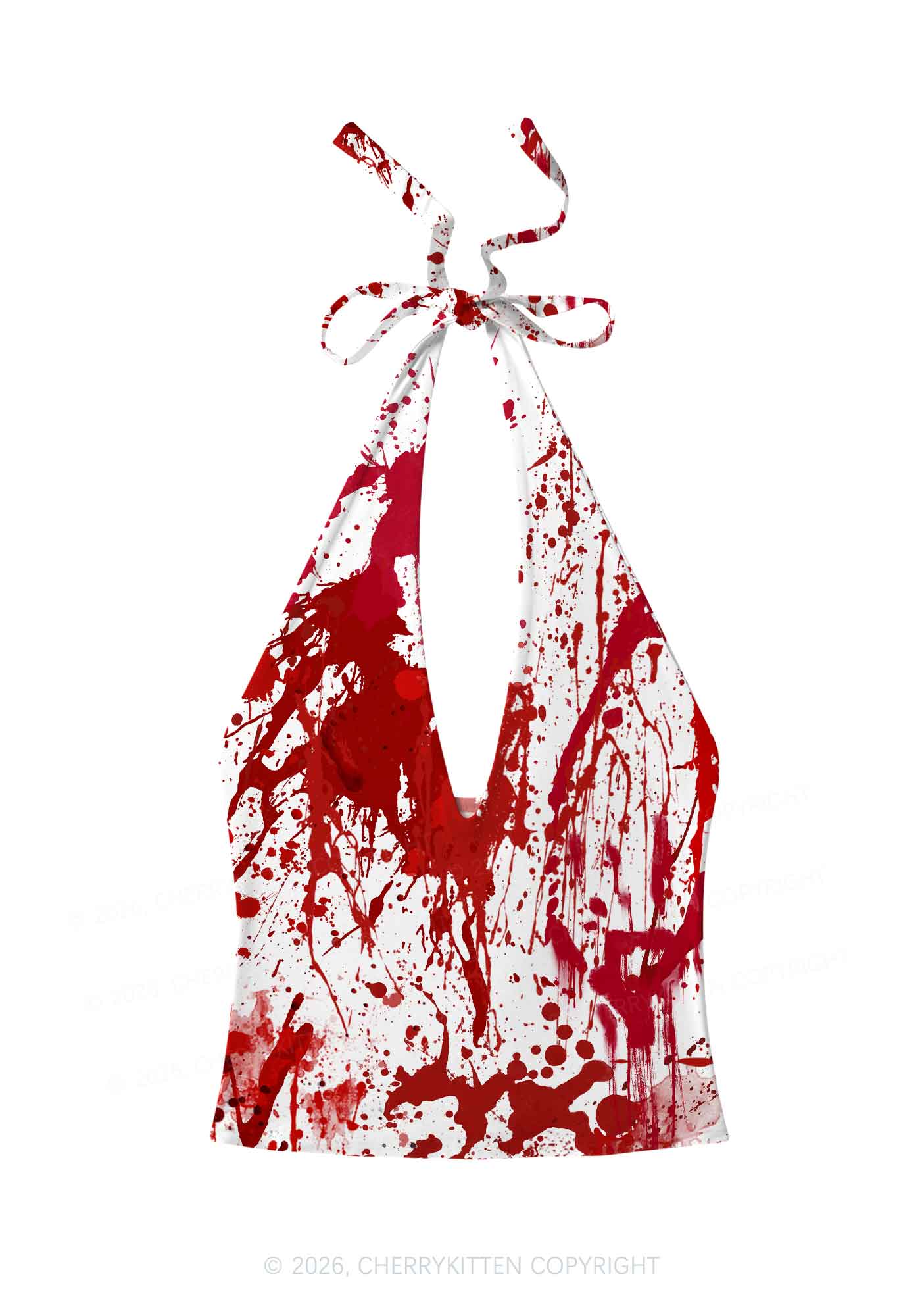 Halloween Red Blood On White Y2K Print Halter Deep V Neck Cami Cherrykitten