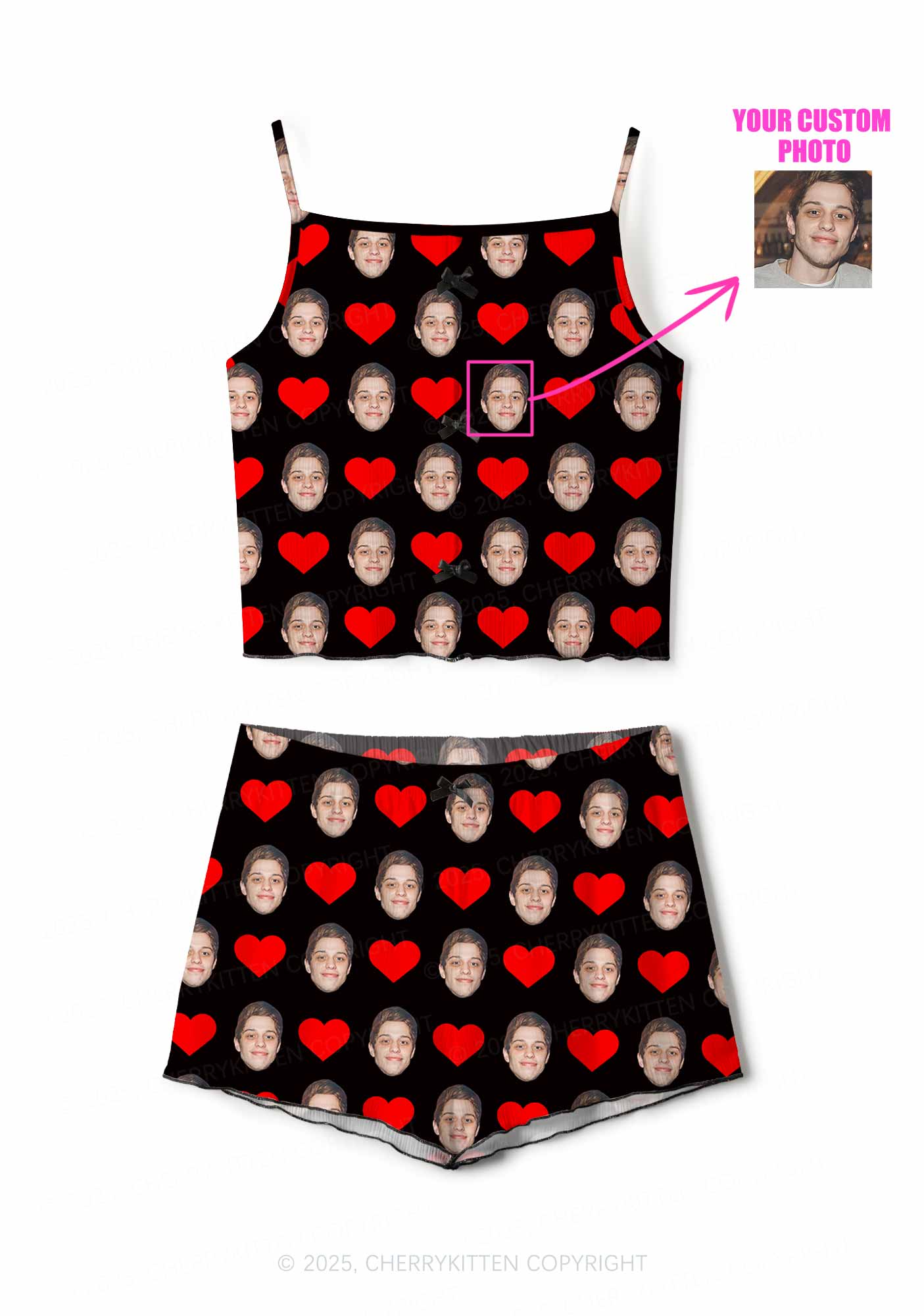 Custom Black Hearts Photo Y2K Valentine's Day Print Cami Shorts Pajama Set Cherrykitten