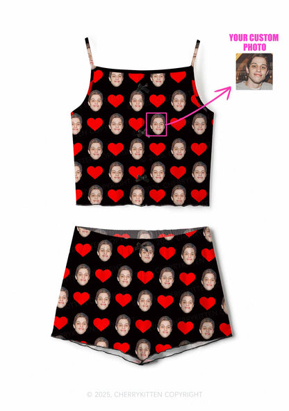 Custom Black Hearts Photo Y2K Valentine's Day Print Cami Shorts Pajama Set Cherrykitten