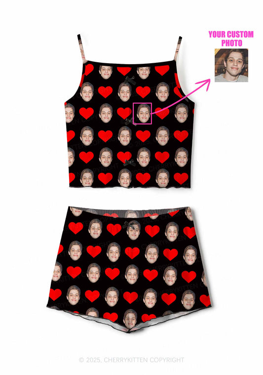 Custom Black Hearts Photo Y2K Valentine's Day Print Cami Shorts Pajama Set Cherrykitten
