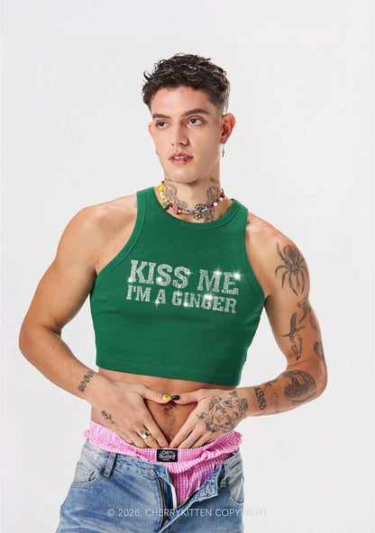 Rhinestone Kiss Me Im Ginger St Patricks Y2K Crop Tank Top Cherrykitten