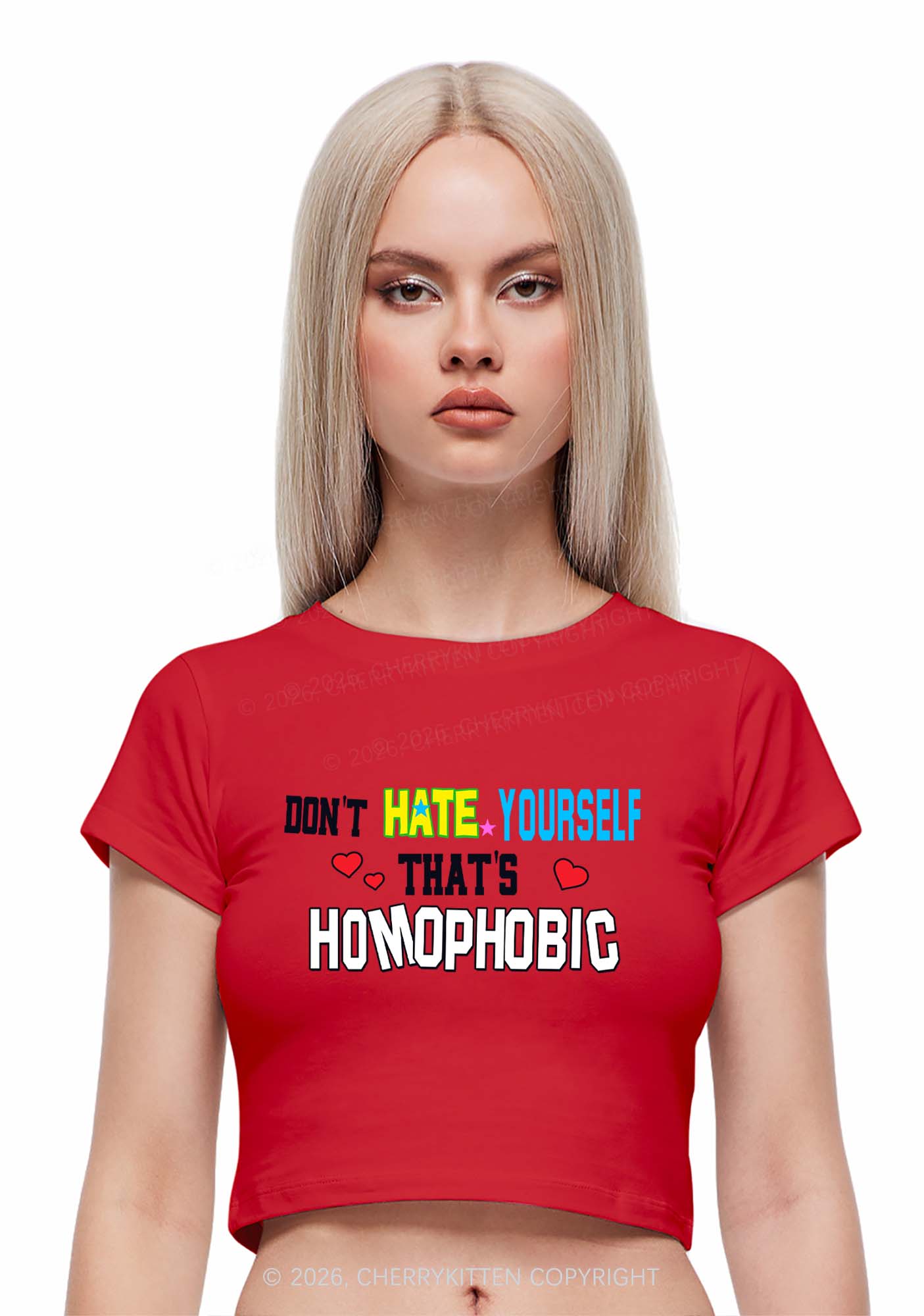Hate Yourself Thats Homophobic Pride Y2K Baby Tee Cherrykitten