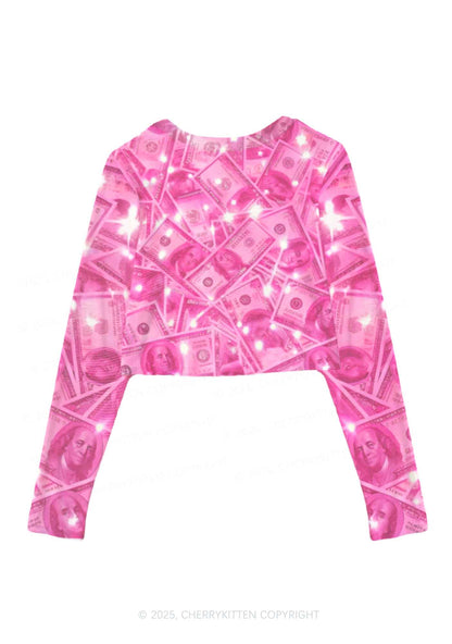 Pink Shiny Money Y2K Mesh Long Sleeve Crop Top Cherrykitten