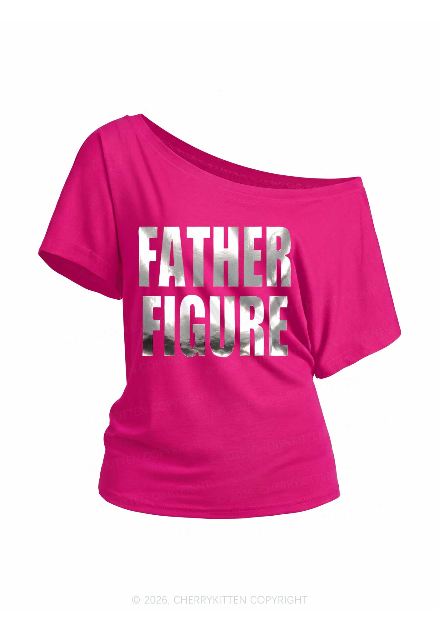 Father Figure Silver Foil Printed Y2K Off Shoulder Tee Cherrykitten