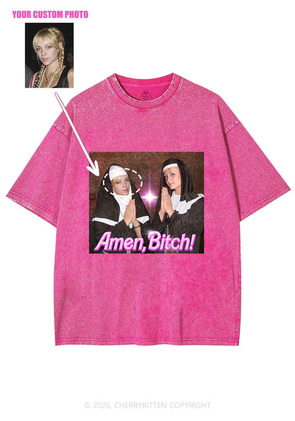 Custom Amen Bxtch Y2K Shirts Washed Tee Cherrykitten