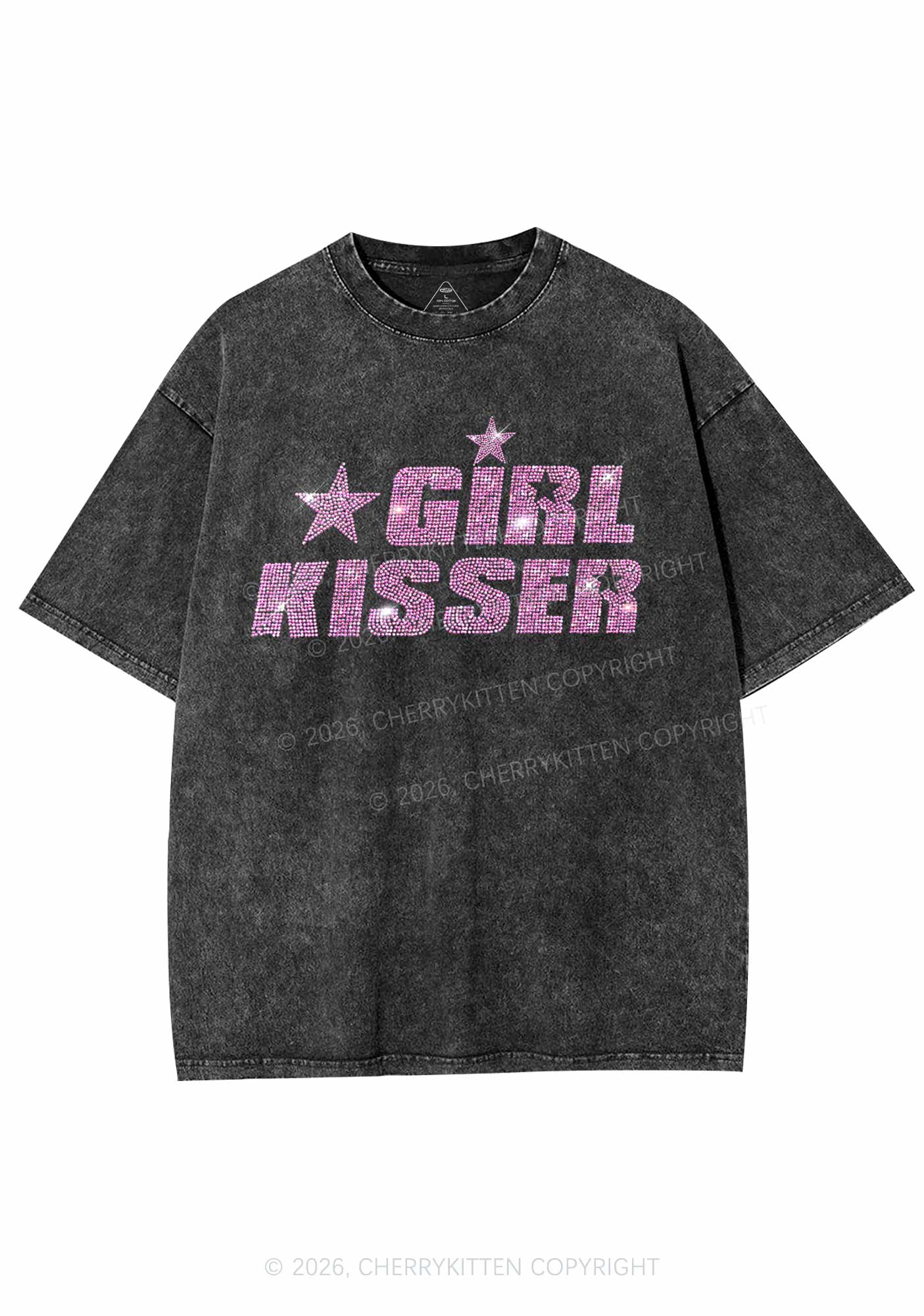 Rhinestone Girl Kisser Pride Y2K Shirts Washed Tee Cherrykitten