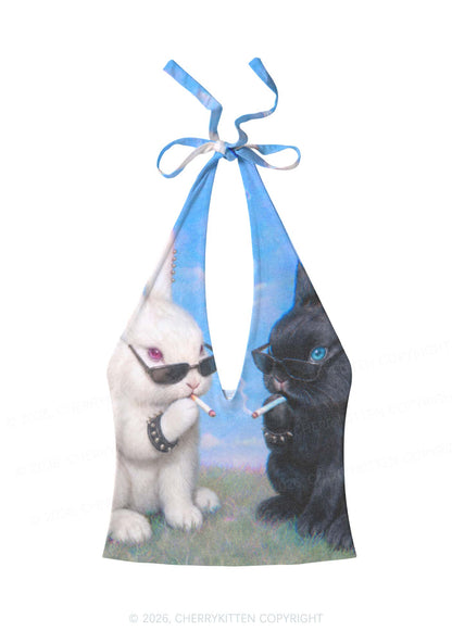 Smoking Punk Bunny Y2K Print Halter Deep V Neck Cami Cherrykitten