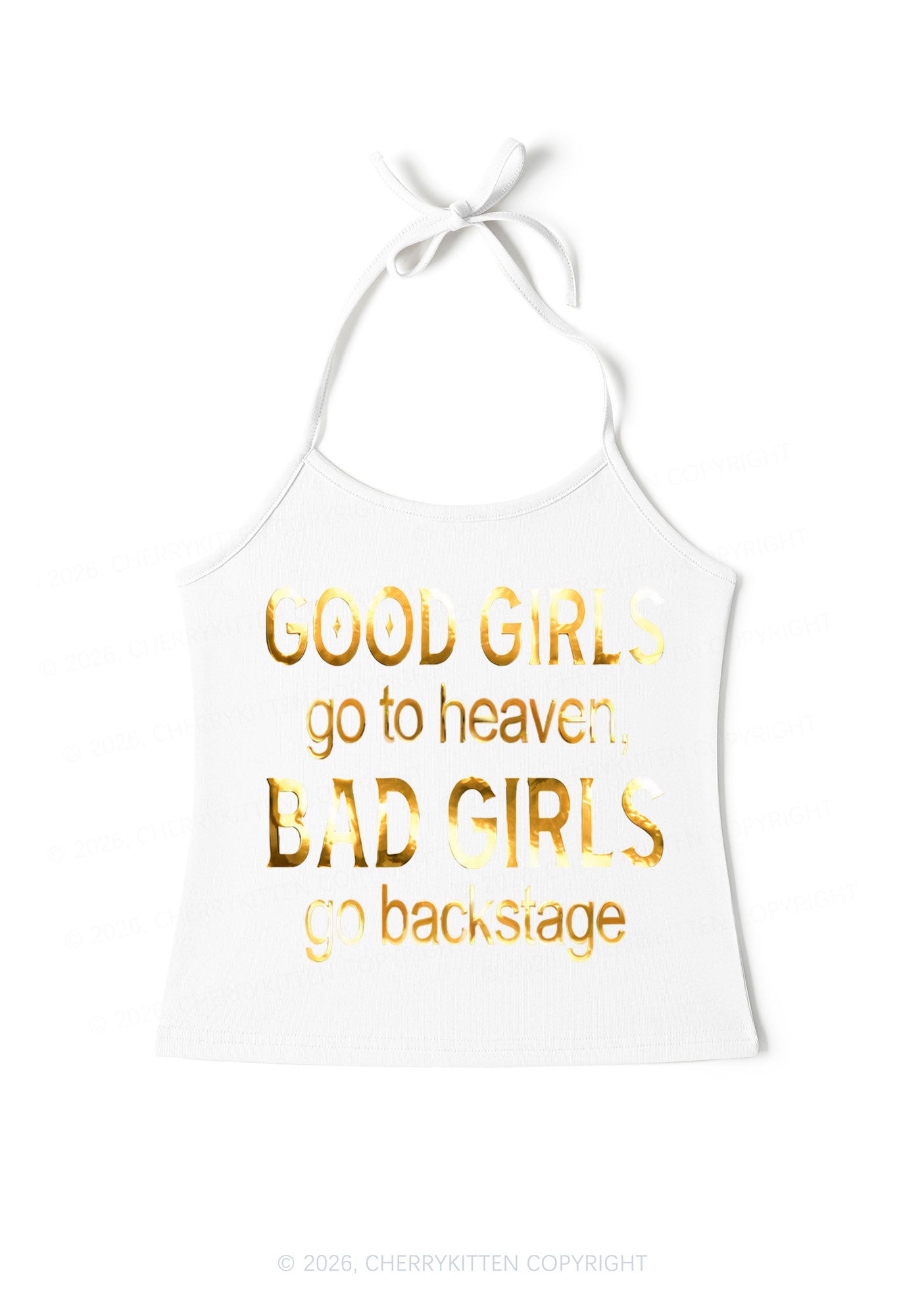 Bad Girls Go Backstage Silver Foil Printed Y2K Halter Neck Cami Cherrykitten