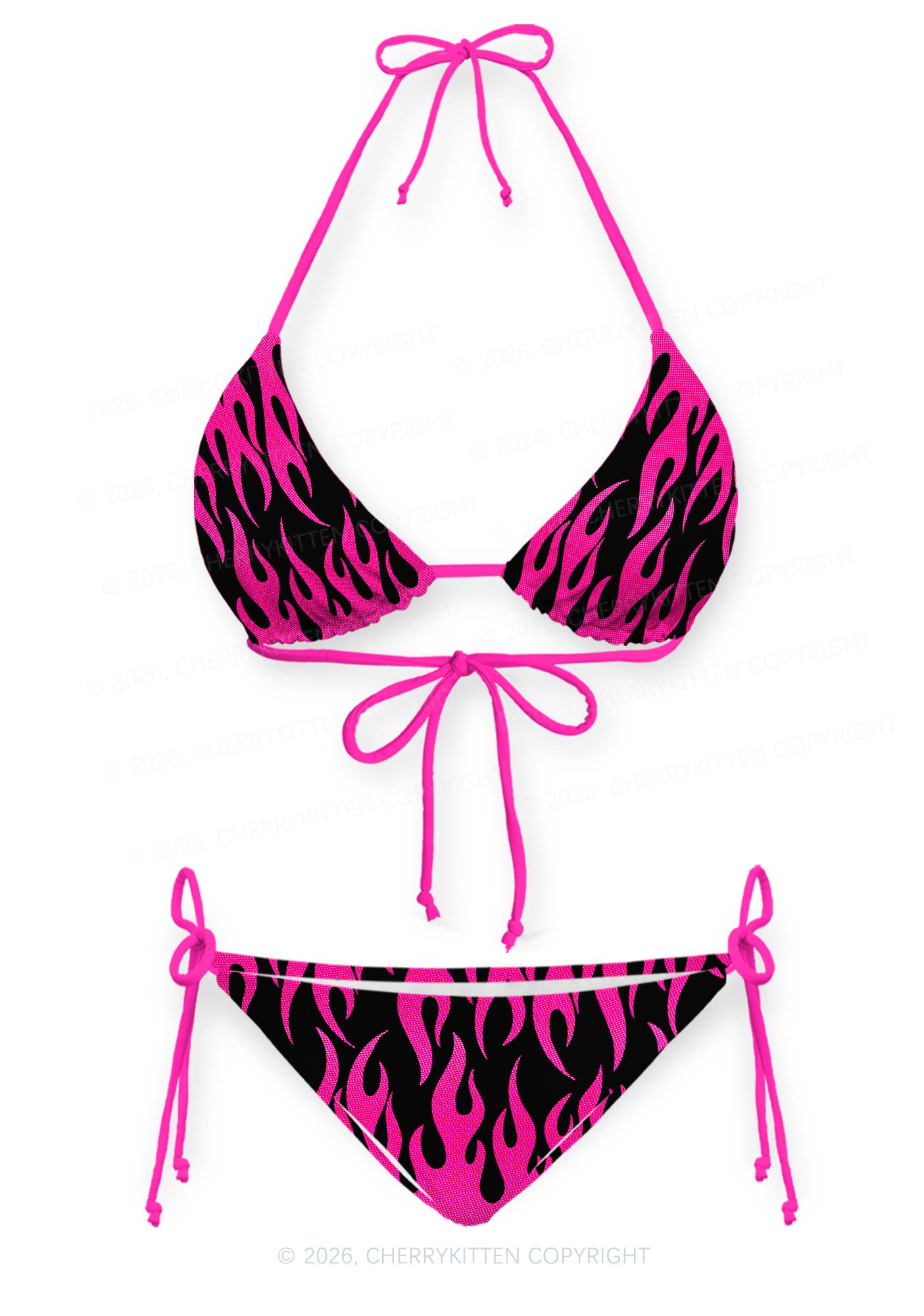 Hot Pink Flame Y2K Print Bikini Set Cherrykitten