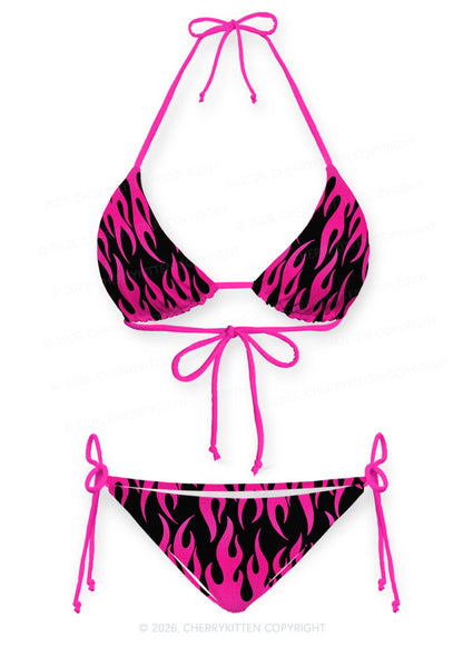 Hot Pink Flame Y2K Print Bikini Set Cherrykitten