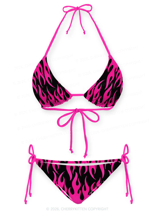 Hot Pink Flame Y2K Print Bikini Set Cherrykitten