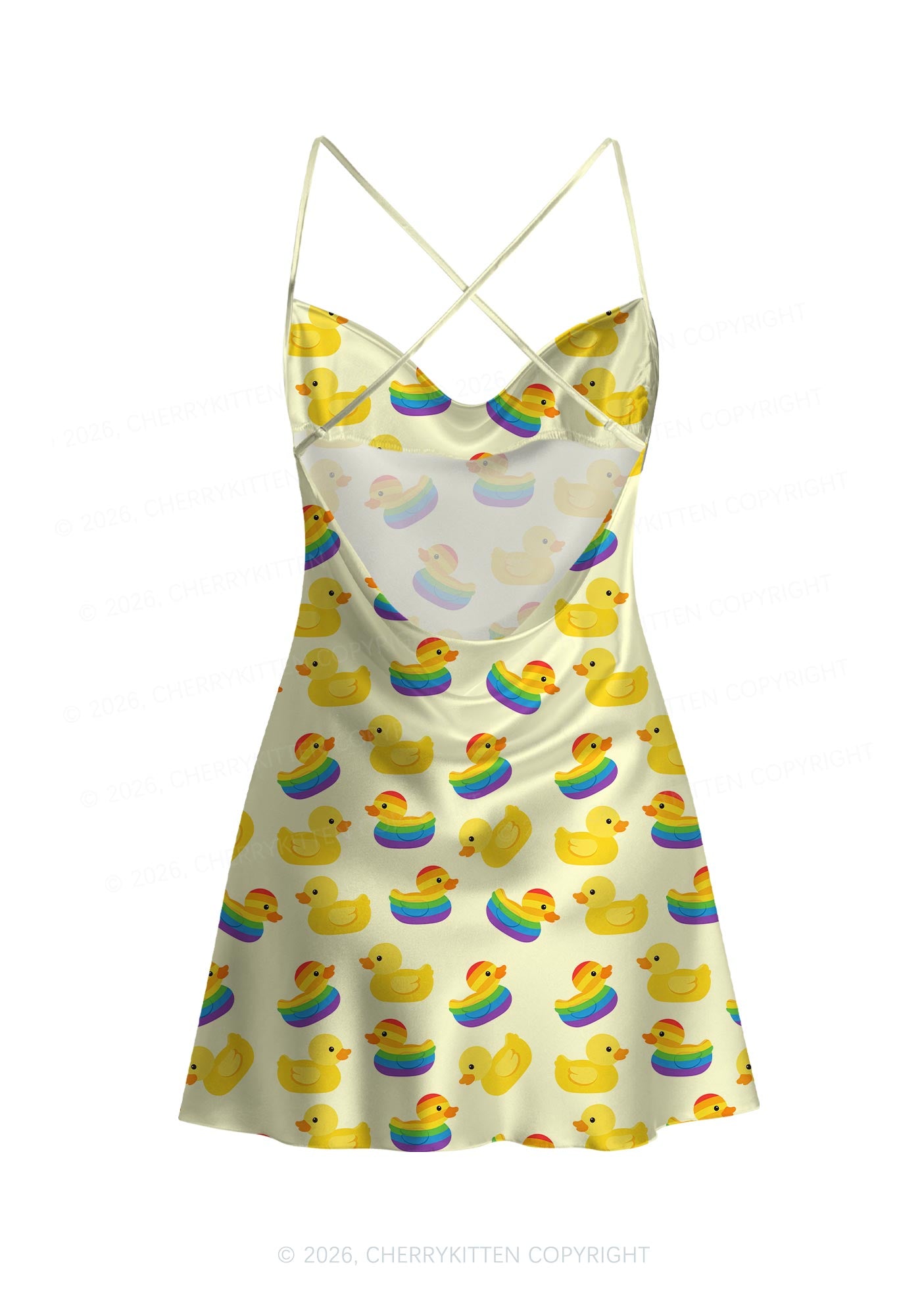 Rainbow Ducks Pride  Y2K Print Satin Cowl Neck Slip Dress Cherrykitten